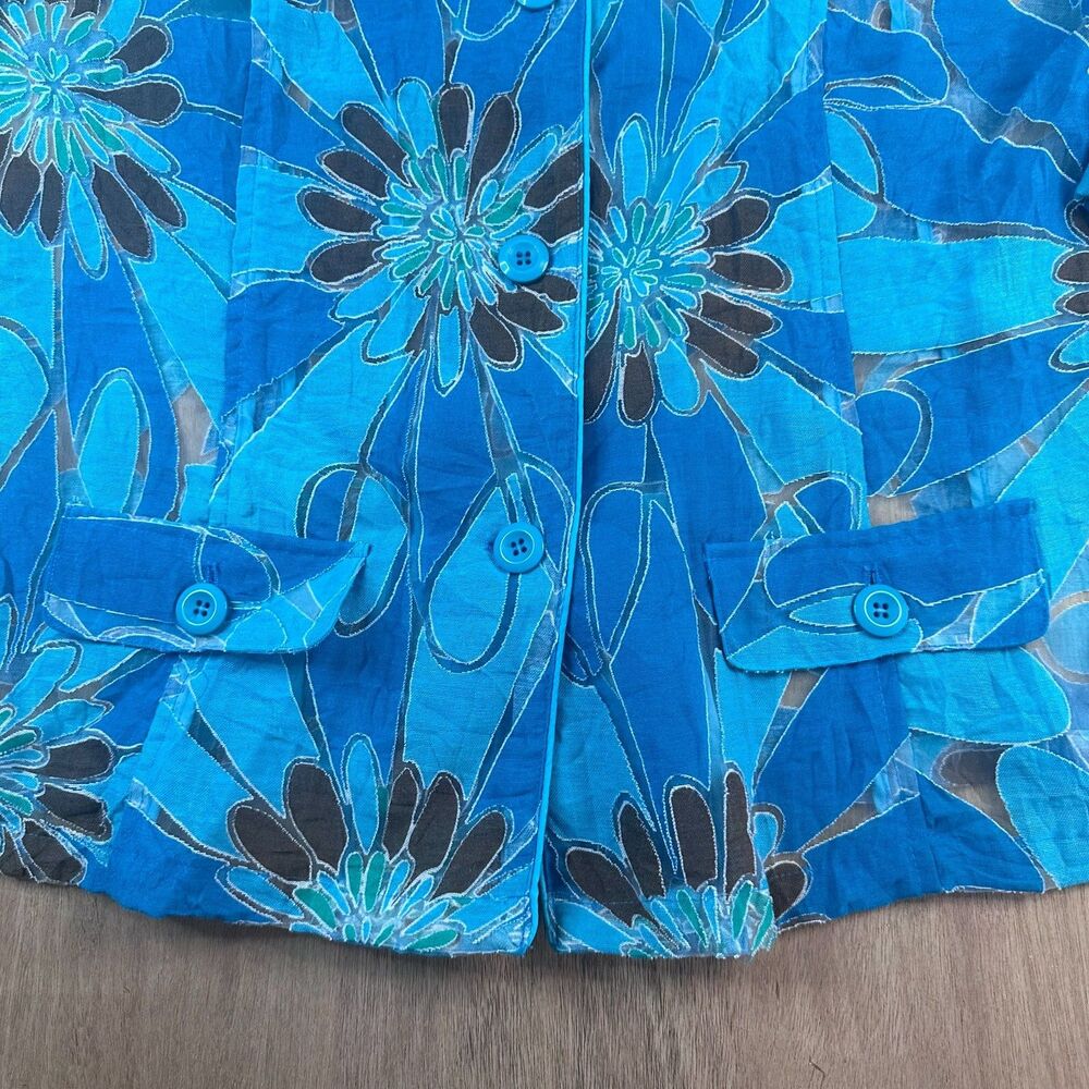 Multiples Sheer Button Front Blouse Women's Blue Floral Top 3/4 Sleeve - Picture 2 of 5